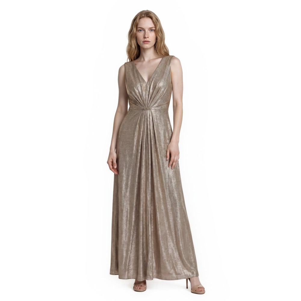 Tahari Evening Ball Gown Women's Size 4 Gold Metallic Crystals Formal Maxi Dress